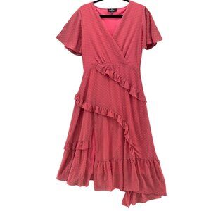 Lulus Swiss Dot Ruffled Midi Dress Rose Pink Faux Wrap Short Sleeve Slit Size L